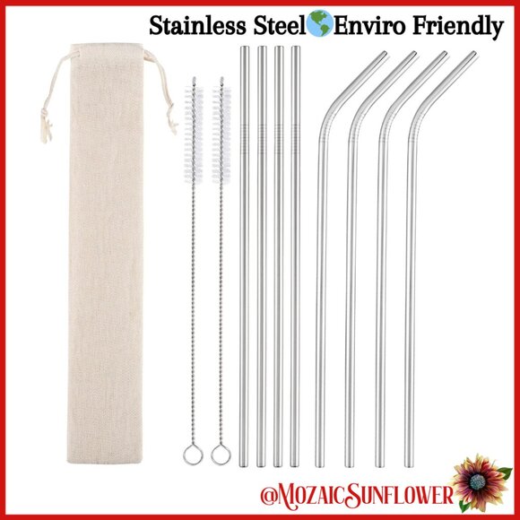 8 Stainless Steel Straws 2 Cleaning Tools Unbleached Storage Bag Enviro Safe - Picture 1 of 5